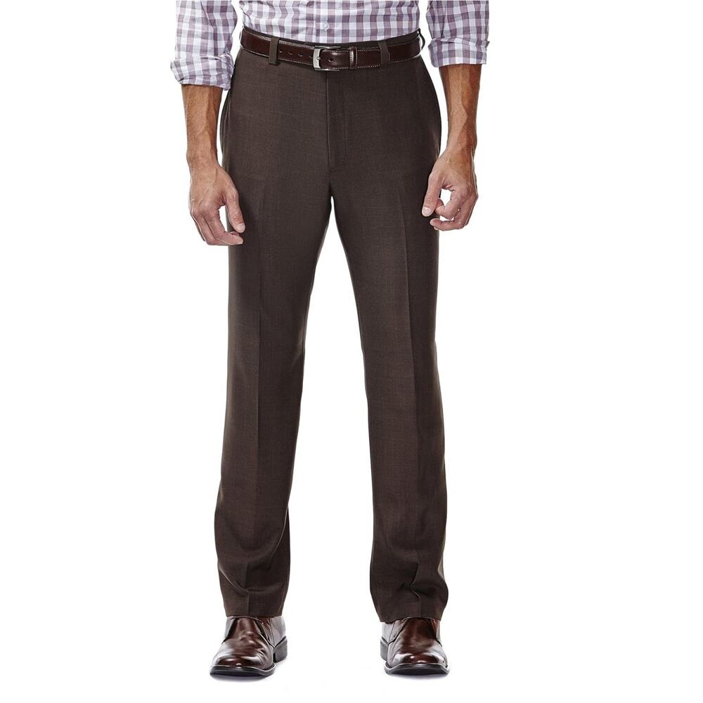Haggar Men's E Clo Repreve Stria Classic Fit Flat Front Dress Pant, Brown, 34x34